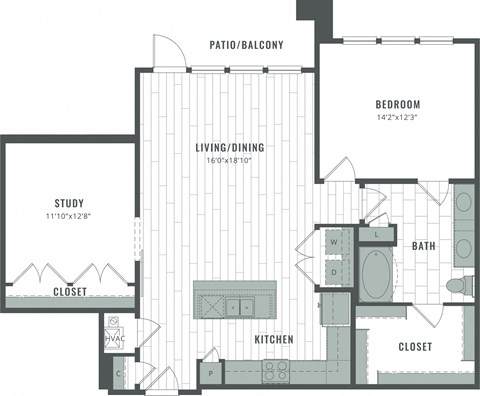 Floor plan for 1 bed, 1 bath, 1188 sqft